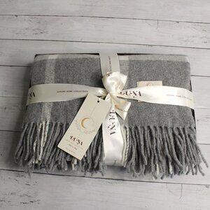 Luna Cashmere Wool Plaid Throw Blanket Made in Italy Cream Gray